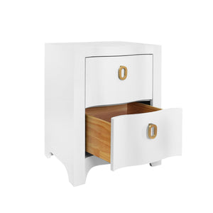 CURVED FRONT SIDE TABLE WITH TWO DRAWERS IN WHITE TEXTURED LINEN WITH SATIN BRASS RING HARDWARE