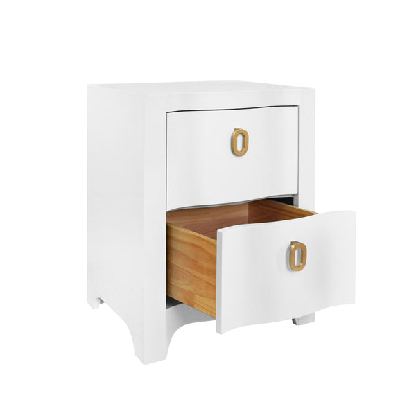 CURVED FRONT SIDE TABLE WITH TWO DRAWERS IN WHITE TEXTURED LINEN WITH SATIN BRASS RING HARDWARE