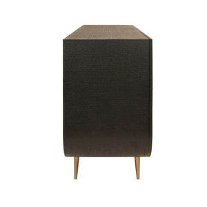 FOUR DOOR BUFFET WITH CURVED BOTTOM CORNERS AND STONE HARDWARE IN BLACK PAINTED GRASSCLOTH