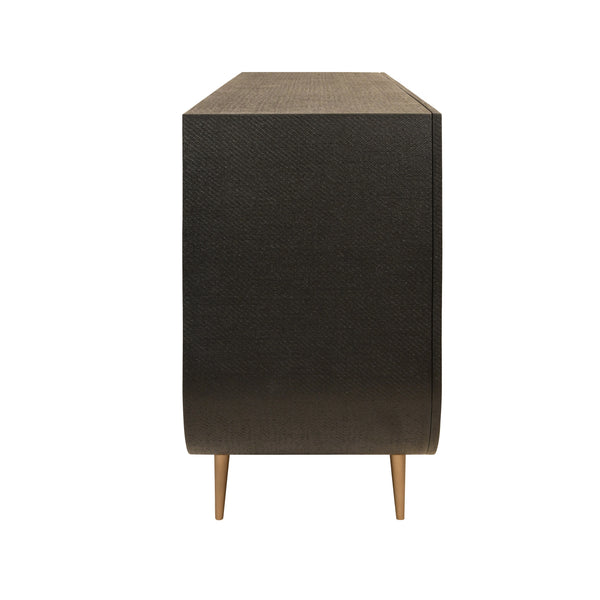 FOUR DOOR BUFFET WITH CURVED BOTTOM CORNERS AND STONE HARDWARE IN BLACK PAINTED GRASSCLOTH