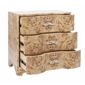 THREE DRAWER SIDE TABLE IN BURL WOOD WITH ACRYLIC HARDWARE