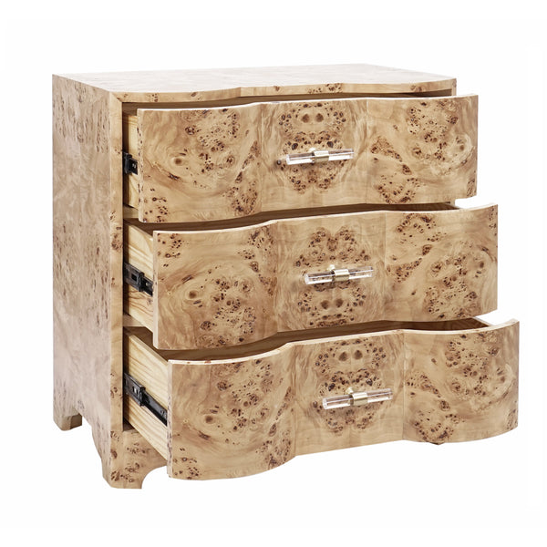 THREE DRAWER SIDE TABLE IN BURL WOOD WITH ACRYLIC HARDWARE