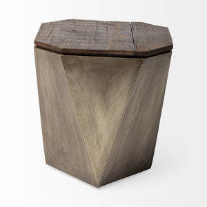 Esagono Octagonal Gold Metal-Clad Reclaimed Wood End/Side Table w/ Storage