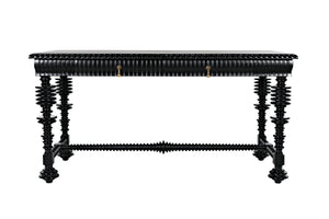 Portuguese Small Desk in Hand-Rubbed Black Mahogany with Brass Pulls