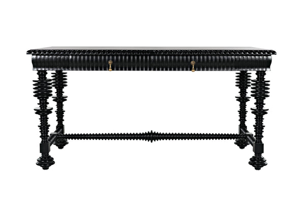 Portuguese Small Desk in Hand-Rubbed Black Mahogany with Brass Pulls