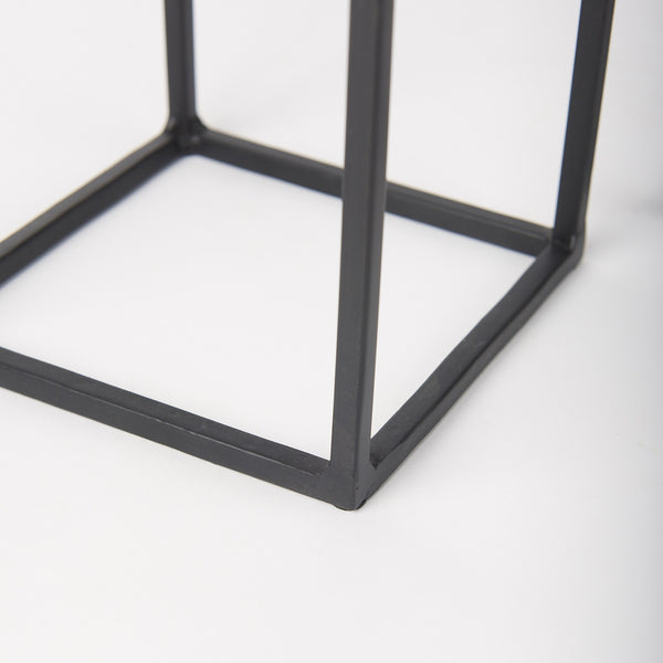Cindy Set of 2 Matte Black Metal and Hurricane Glass Pillar Tabletop Candle Holders