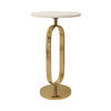 ROUND SIDE TABLE WITH BRASS RACETRACK DETAIL BASE AND WHITE MARBLE TOP