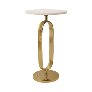 ROUND SIDE TABLE WITH BRASS RACETRACK DETAIL BASE AND WHITE MARBLE TOP