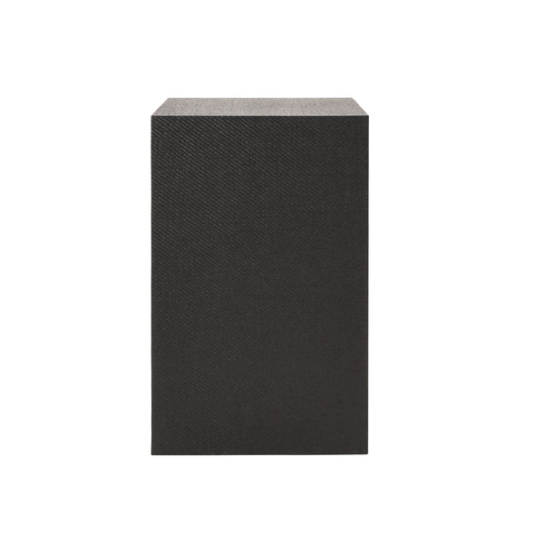 TWO DRAWER SMALL SIDE TABLE IN BLACK PAINTED GRASSCLOTH WITH BLACK OAK HANDLES