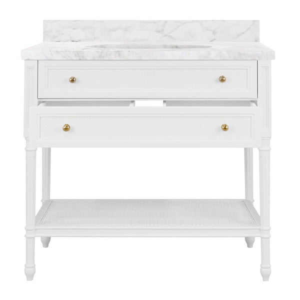 BATH VANITY WITH FLUTED LEG AND OPEN CANE SHELF