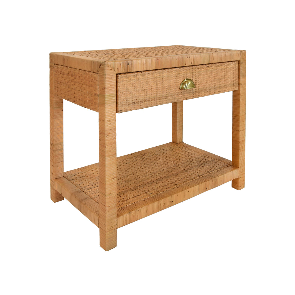 ONE DRAWER END TABLE IN RATTAN WITH BRUSHED BRASS CUP PULL
