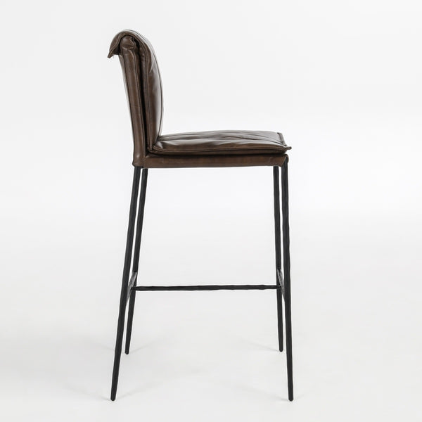 Mayer Leather Bar Stool with Hammered Iron Legs