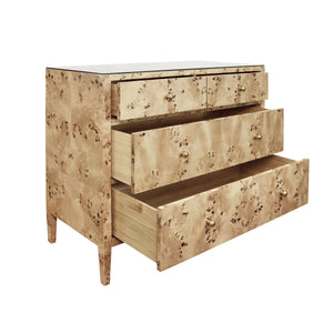 FOUR DRAWER CHEST IN BURL WOOD WITH GLASS TOP
