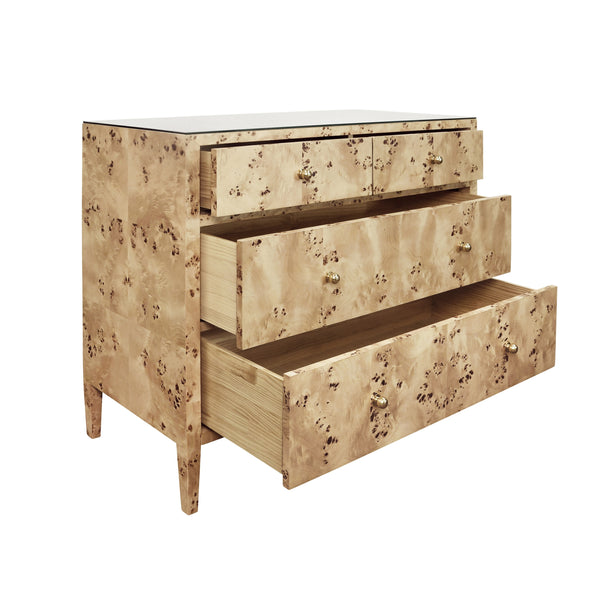 FOUR DRAWER CHEST IN BURL WOOD WITH GLASS TOP