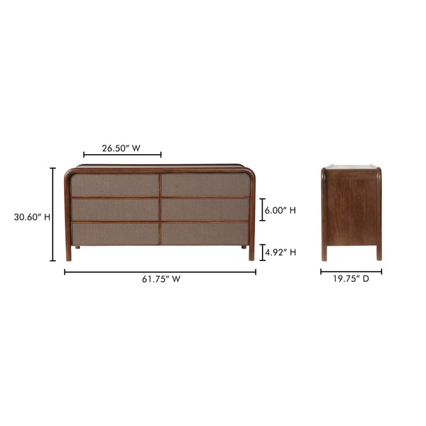 Rye 6 Drawer Dresser in Warm Brown with Soft Rush Front