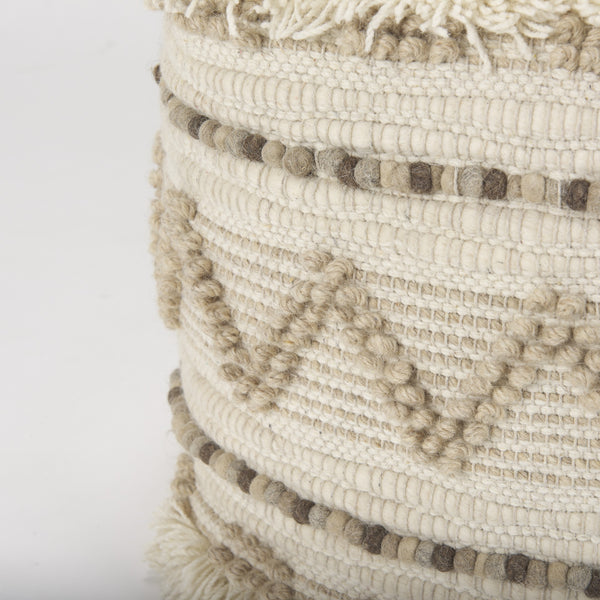 Caela Beige/Brown Wool, Cotton and Felt Popcorn Stitch Square Pouf