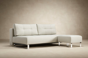 DELUXE EXCESS OTTOMAN in MIXED DANCE NATURAL FABRIC WITH Chrome legs 527