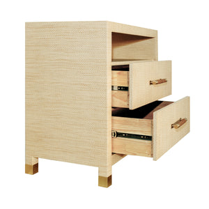 TWO DRAWER SIDE TABLE WITH RATTAN WRAPPED HANDLES IN NATURAL GRASSCLOTH