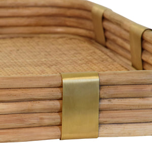 RECTANGULAR NATURAL RATTAN TRAY WITH BRASS RIM AND ROUNDED CORNERS