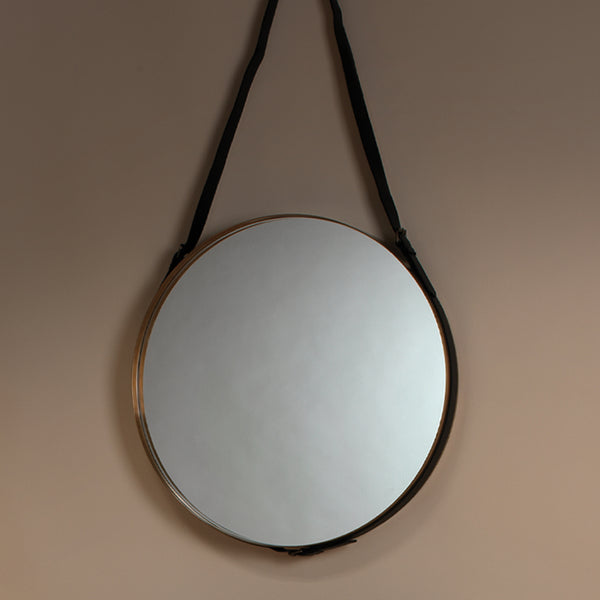 Round Steel Round Wall Mirror, Antique Brass and Black Leather Strap