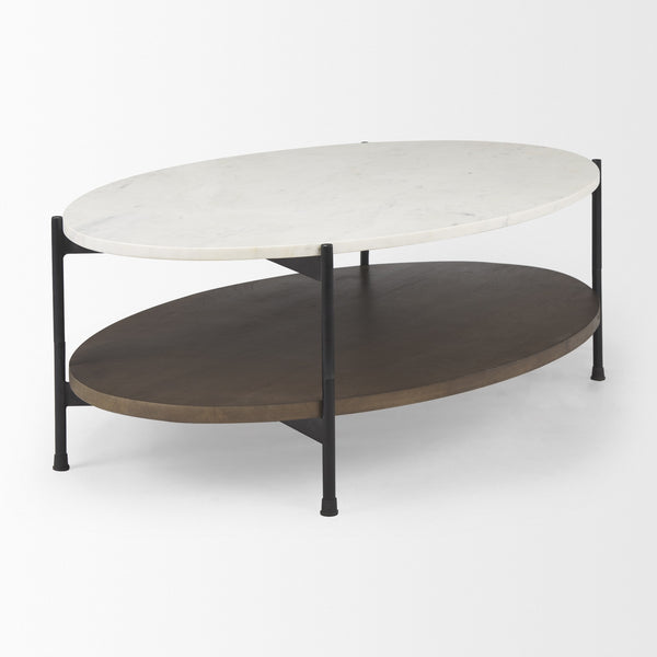 Larkin White Marble Top w/ Dark Brown Wood Shelf Oval Coffee Table