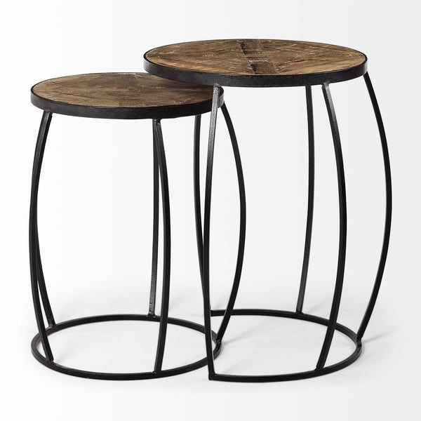 Clapp III (Set of 2) 20L x 20W Brown Round Wood Top W/ Black Metal Frame Nesting Accent Tables