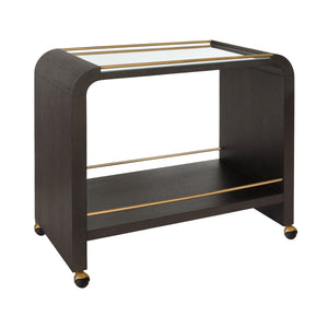 WATERFALL EDGE BAR CART WITH ANTIQUE BRASS RAILS IN ESPRESSO OAK