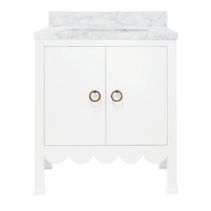 BATH VANITY WITH SCALLOP DETAIL IN MATTE WHITE LACQUER WITH WHITE MARBLE TOP AND PORCELAIN SINK