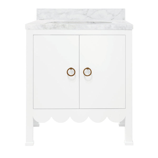 BATH VANITY WITH SCALLOP DETAIL IN MATTE WHITE LACQUER WITH WHITE MARBLE TOP AND PORCELAIN SINK