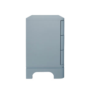 THREE DRAWER ROUNDED EDGE SIDE TABLE WITH BRASS BEETLE KNOB IN LIGHT BLUE MATTE LACQUER