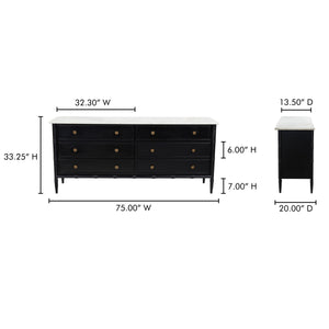 Eleanor 6 Drawer Dresser in Black with Marble Top