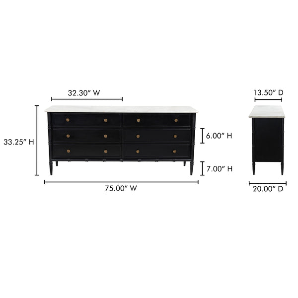 Eleanor 6 Drawer Dresser in Black with Marble Top