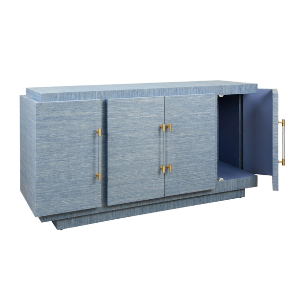 FOUR DOOR WRAP AROUND MODERN BUFFET WITH BRASS FLUTED HANDLES IN DYED BLUE GRASSCLOTH
