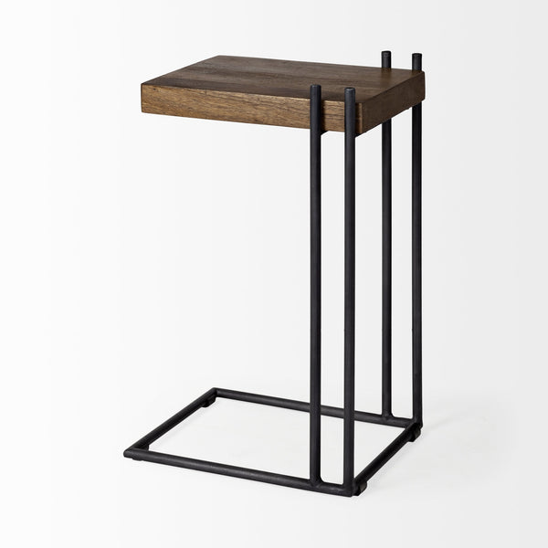 Maddox 16L x 13.5W x 27H Medium Brown Wood w/ Black Metal C-shaped End/Side Table