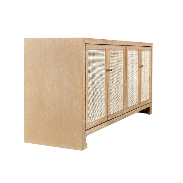 FOUR DOOR CANE CABINET WITH BRASS HARDWARE IN CERUSED OAK