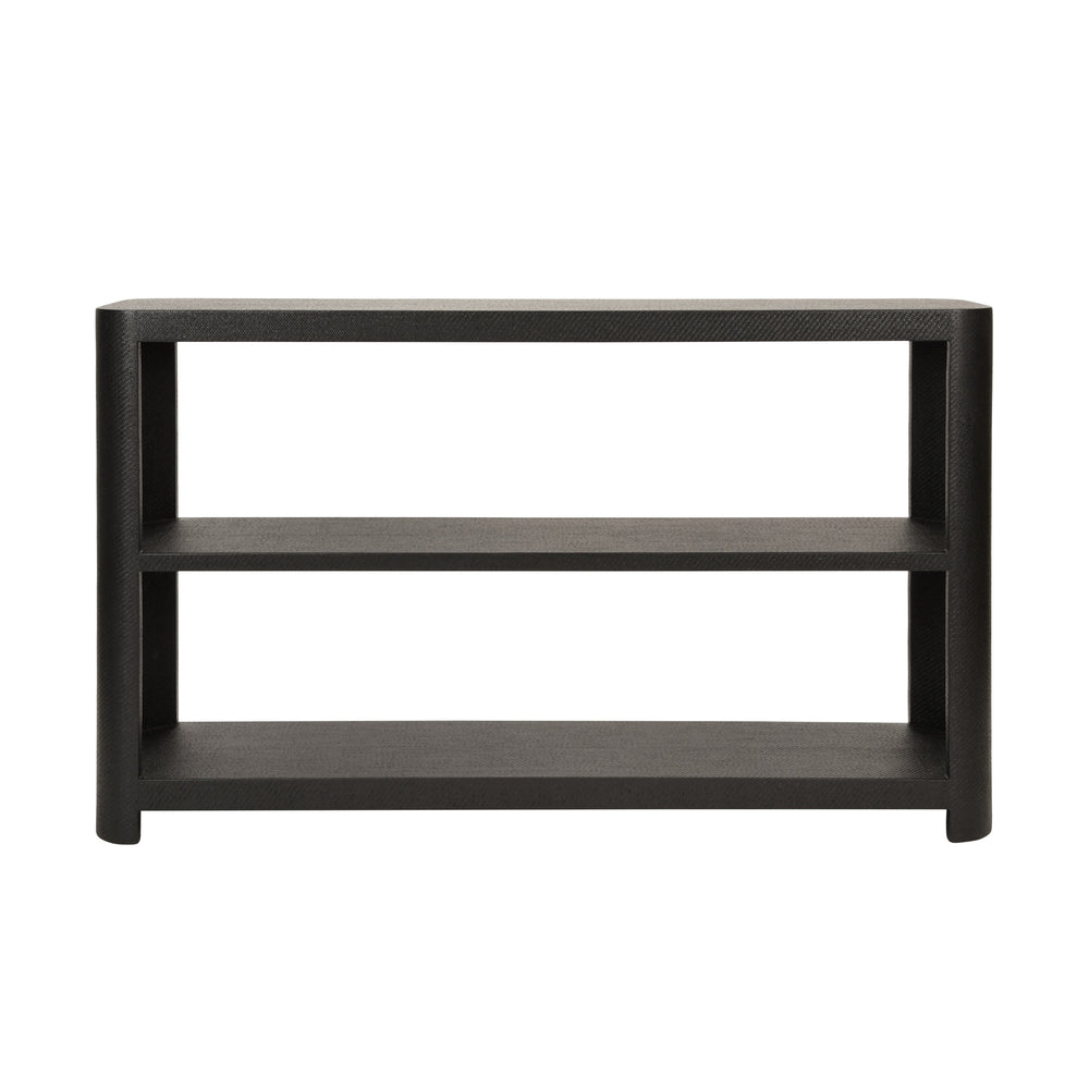 THREE TIER CONSOLE WITH CURVED CORNERS IN BLACK PAINTED GRASSCLOTH