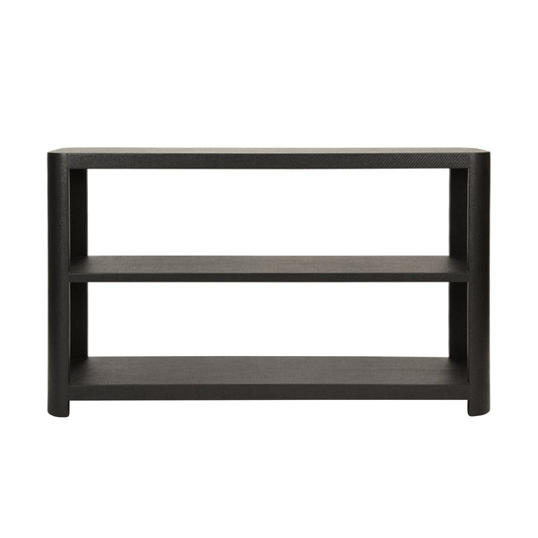 THREE TIER CONSOLE WITH CURVED CORNERS IN BLACK PAINTED GRASSCLOTH