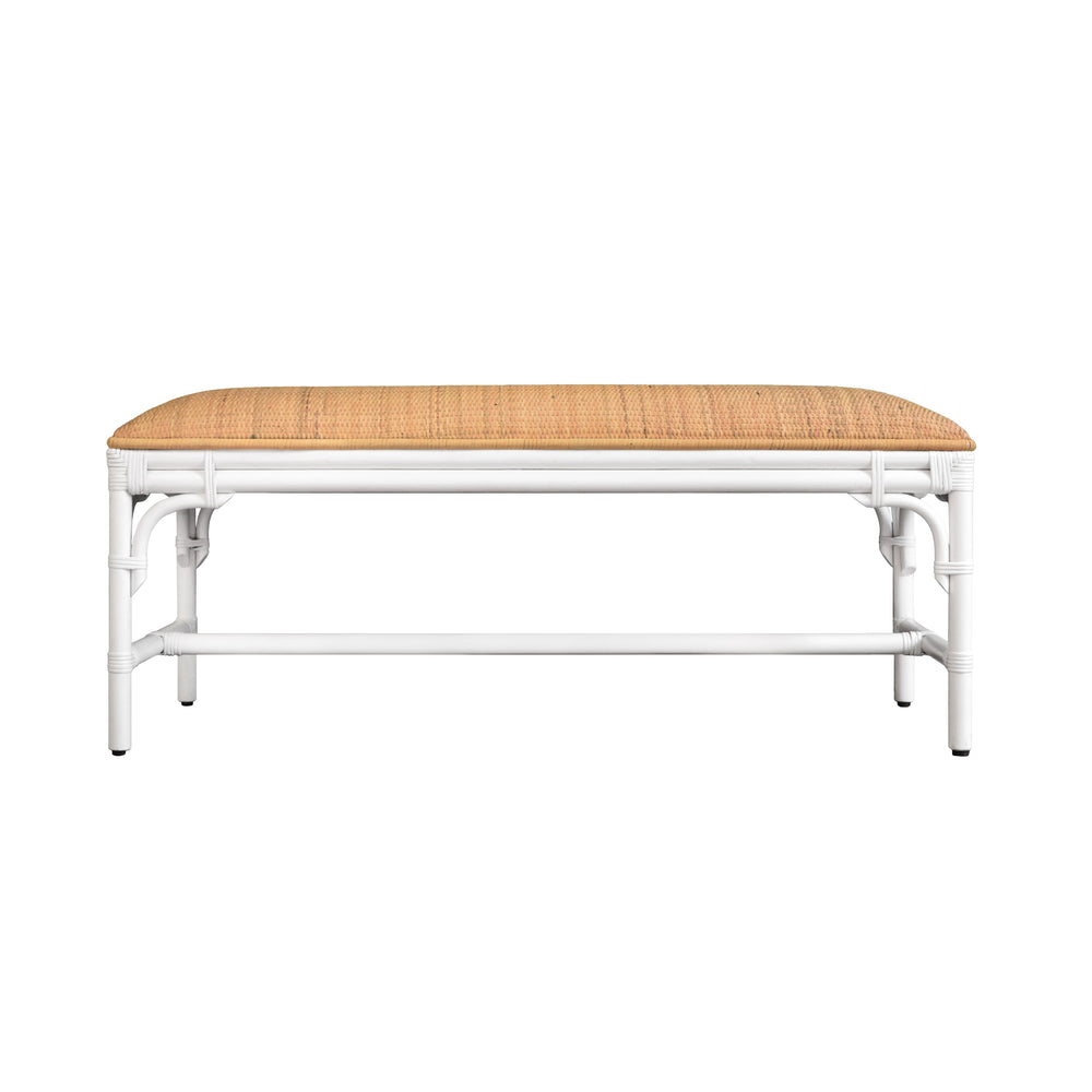 BENCH WITH NATURAL RATTAN CUSHION TOP AND RATTAN BASE IN PAINTED WHITE