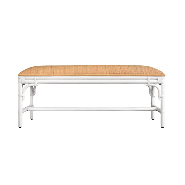 BENCH WITH NATURAL RATTAN CUSHION TOP AND RATTAN BASE IN PAINTED WHITE