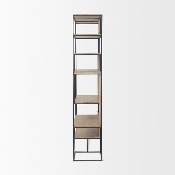 Morris 47.0L x 15.0W x 75.0H Light Brown Wood w/ Black Metal Frame 6-Tier Shelving Unit