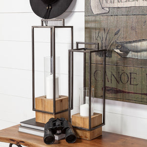 Orionis Large Wood w/ Black Metal Lantern Candle Holder