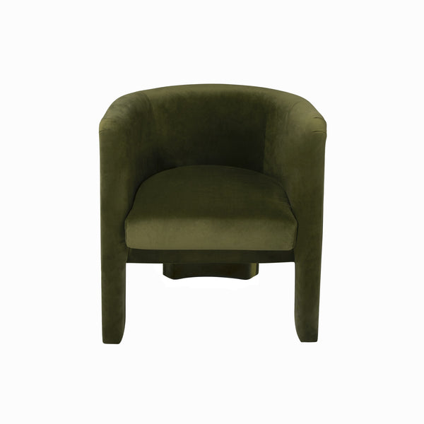 THREE LEG FULLY UPHOLSTERED BARREL CHAIR IN OLIVE VELVET