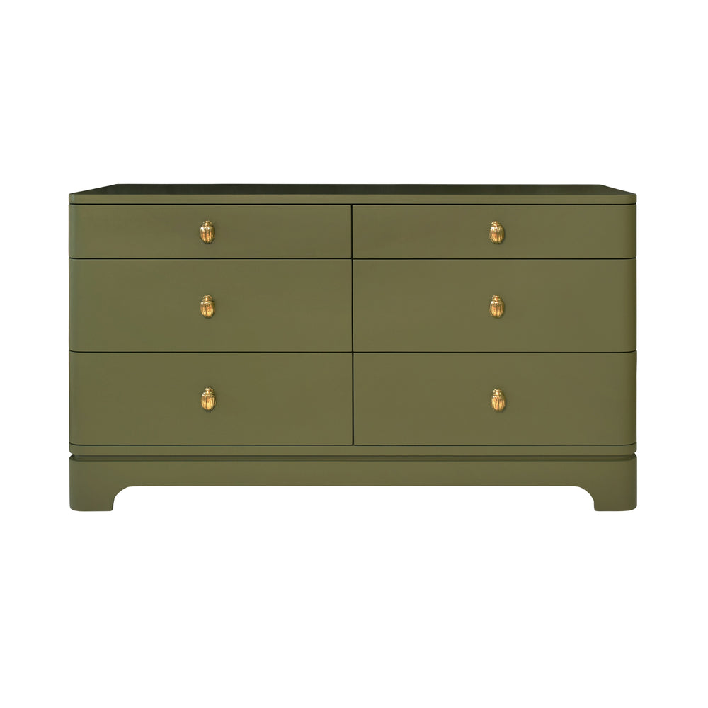 SIX DRAWER ROUNDED EDGE CHEST WITH BRASS BEETLE KNOB IN OLIVE GREEN MATTE LACQUER
