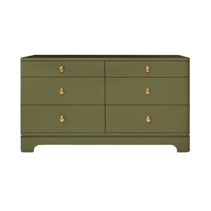 SIX DRAWER ROUNDED EDGE CHEST WITH BRASS BEETLE KNOB IN OLIVE GREEN MATTE LACQUER