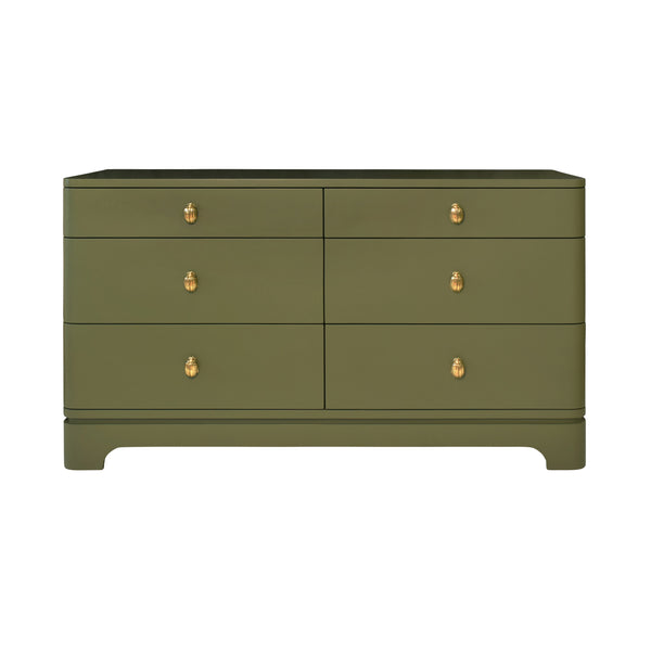 SIX DRAWER ROUNDED EDGE CHEST WITH BRASS BEETLE KNOB IN OLIVE GREEN MATTE LACQUER