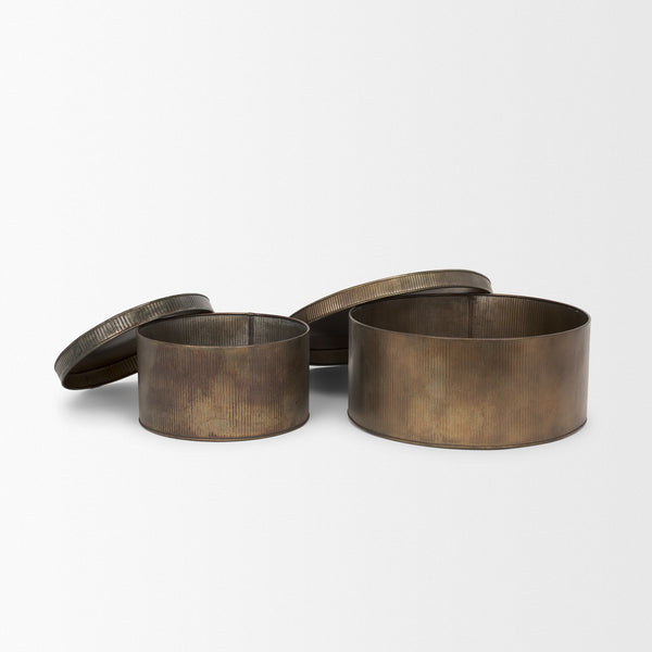 Josephine Round Antique Gold Metal Box (Set of 2)