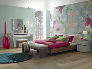Floating modern King Bed - White Upholstery, Wood