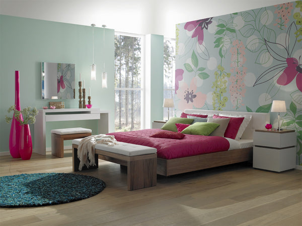Floating modern King Bed - White Upholstery, Wood