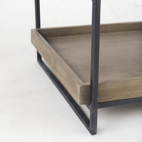 Trey III 20" x 26" Square Medium Brown Wooden Three-Tiered Black Iron Frame End/Side Table