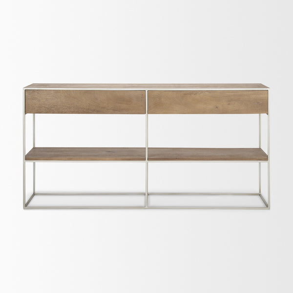 Morris I 63L x 15W x 31H Brown Wood w/ Silver Metal Frame 2 Drawer Console Table